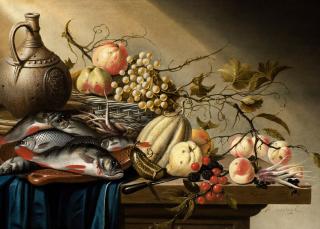 Harmen Steenwijck - Still life with freshwater fish, fruit and a jug, all on a draped table