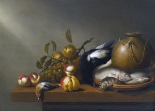 Harmen Van Steenwijck - Still Life Of Fruit, Fresh-Water Fish On An Earthenware Platter, Birds And A Stoneware Pot All Arranged On A Ledge