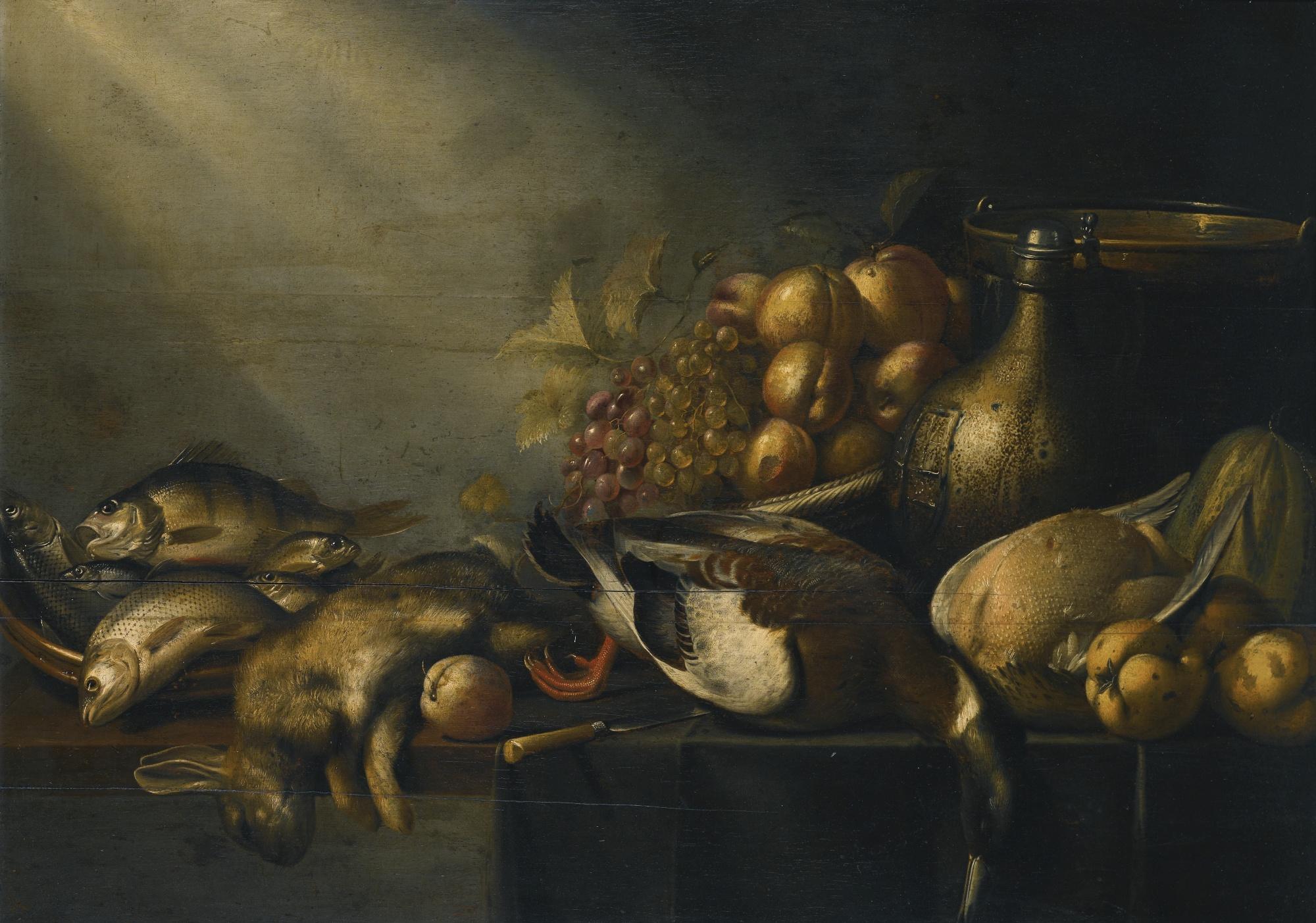 Harmen Van Steenwijck - Still Life With A Dead Hare And Duck, Fish, Vegetables And An Earthenware Flagon, On A Draped Table
