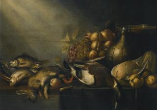 Harmen Van Steenwijck - Still Life With A Dead Hare And Duck, Fish, Vegetables And An Earthenware Flagon, On A Draped Table