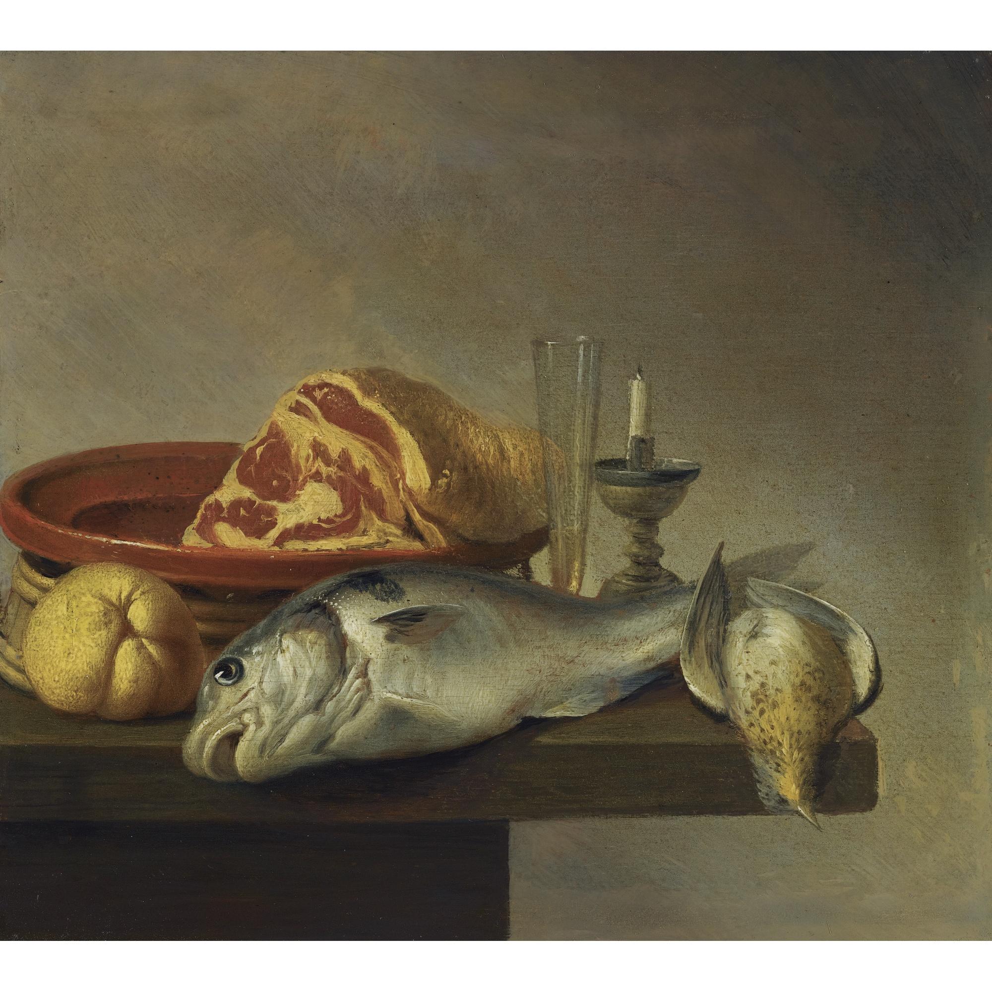 Harmen Van Steenwijck - Still Life With A Ham, A Fish, A Candle And Other Objects Arranged On The Edge Of A Tabletop; Still Life With A Ewer And Some Fruit On A Partly-Draped Stone Ledge