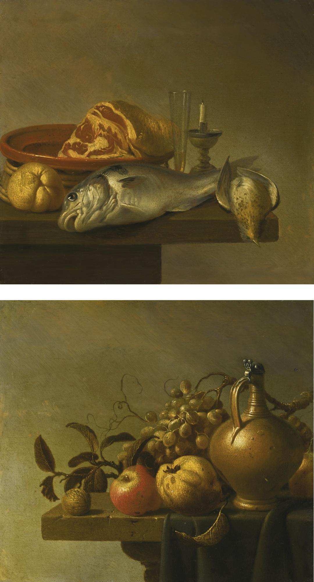 Harmen Van Steenwijck - Still Life With A Ham, A Fish And A Candle Arranged On The Edge Of A Tabletop; Still Life With A Ewer And Some Fruit On A Partly-Draped Stone Ledge