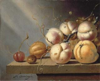 Harmen van Steenwyck - A cherry, a hazelnut, a lemon, an apricot, peaches and grapes on a stone ledge