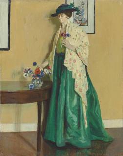 Harold C. Harvey, R.A. - Lady in an interior arranging flowers