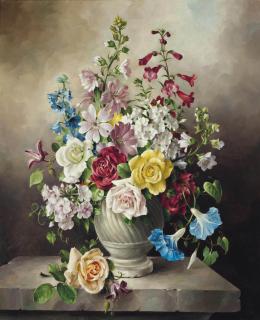 Harold Clayton - Lavatera, roses, delphiniums, clematis, penstemon and other blooms in a stone urn on top of a pedestal
