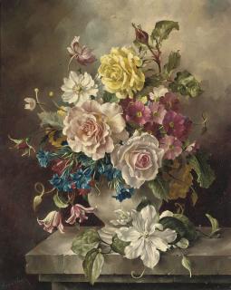Harold Clayton - Roses, convolvulus, and other flowers in a vase, on a ledge