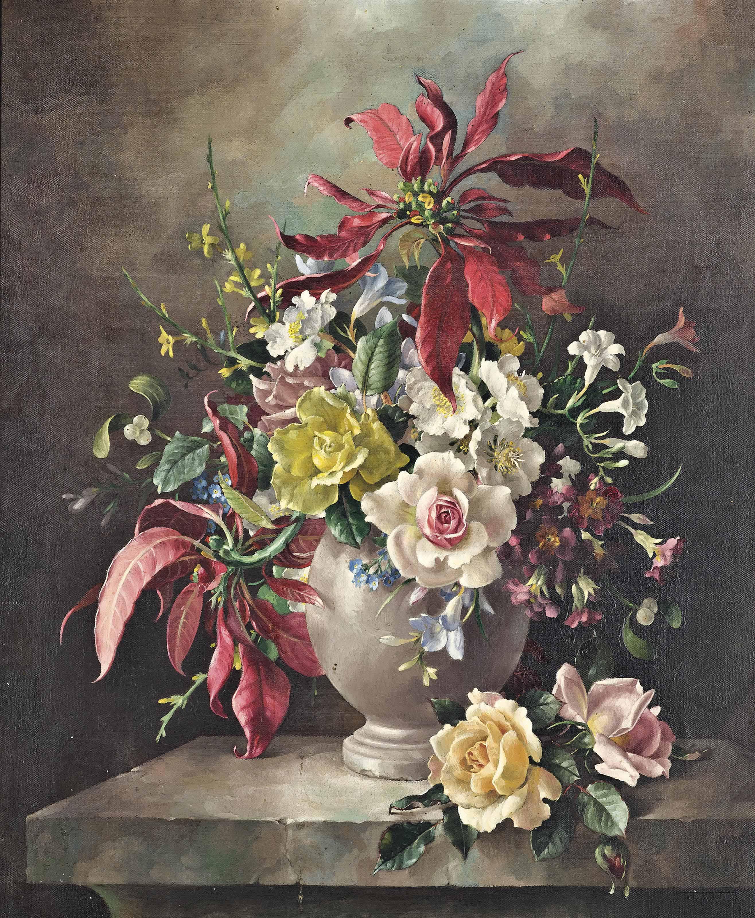 Harold Clayton - Roses, dog roses, freesias, primroses, forget-me-nots, and poinsettias in an urn