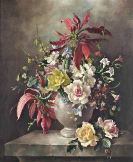 Harold Clayton - Roses, dog roses, freesias, primroses, forget-me-nots, and poinsettias in an urn