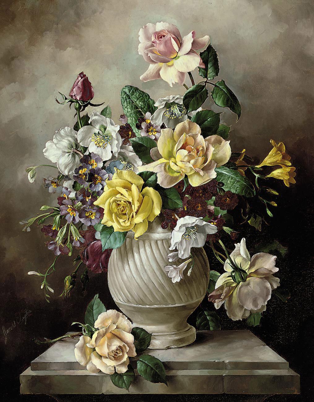 Harold Clayton - Roses, freesias, primroses and dog roses in a white urn on a marble pedestal