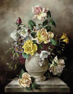 Harold Clayton - Roses, freesias, primroses and dog roses in a white urn on a marble pedestal