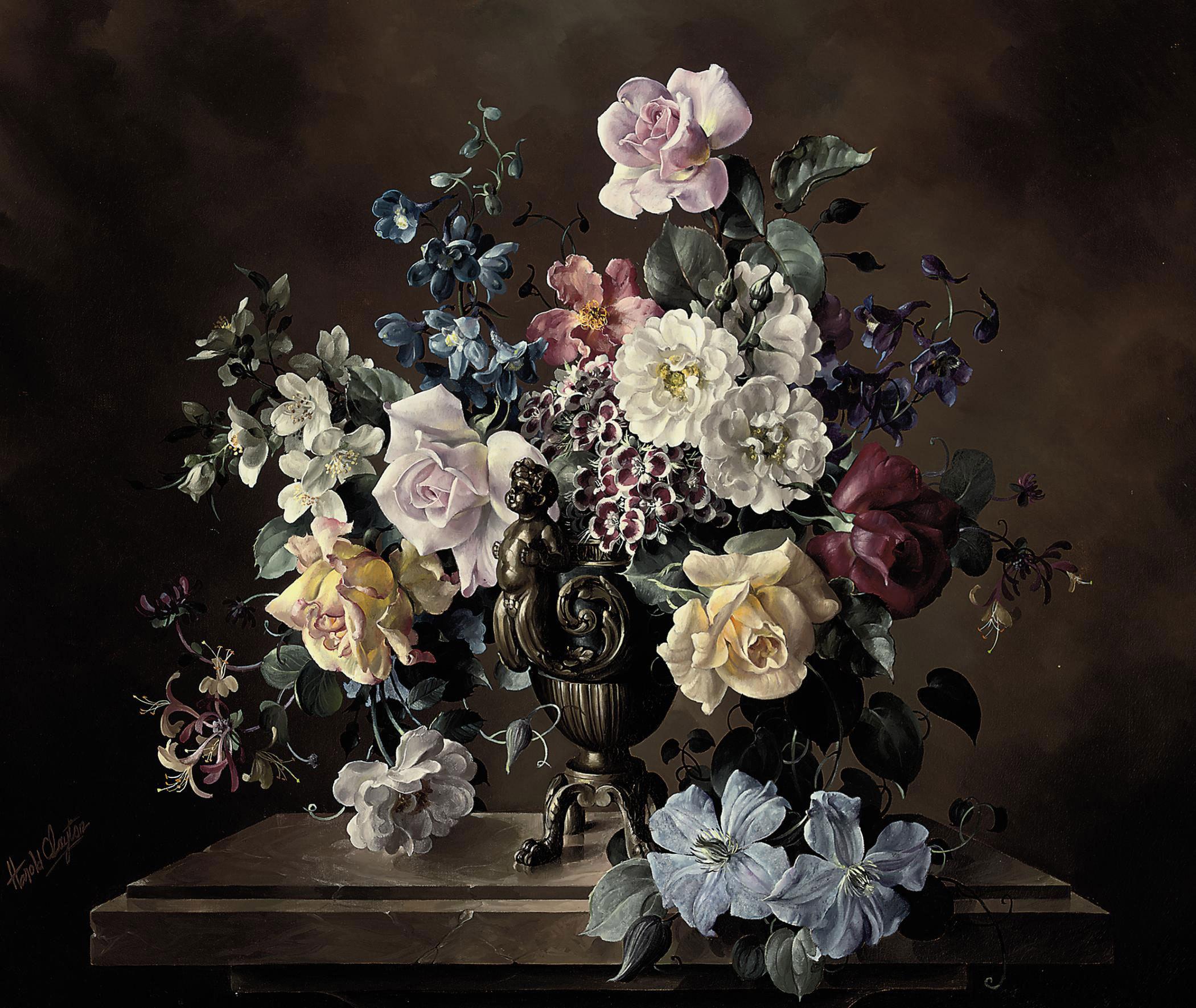 Harold Clayton - Roses, honeysuckle, delphiniums, clematis and other flowers in a bronze urn with putti on a marble pedestal