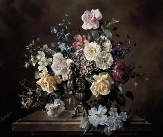 Harold Clayton - Roses, honeysuckle, delphiniums, clematis and other flowers in a bronze urn with putti on a marble pedestal