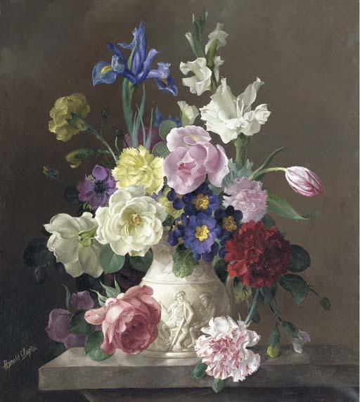 Harold Clayton - Spring Blooms: Irises, Roses, Tulips, Carnations, Primulas And Anemones In A White Jug On A Marble Plinth