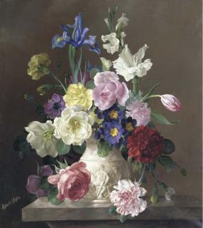 Harold Clayton - Spring Blooms: Irises, Roses, Tulips, Carnations, Primulas And Anemones In A White Jug On A Marble Plinth