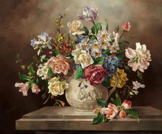 Harold Clayton - Still life of flowers roses and anemones
