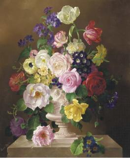 Harold Clayton - Summer flowers in a classical urn on a marble pedestal