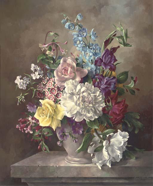 Harold Clayton - Summer flowers in a vase, on a marble ledge