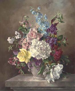 Harold Clayton - Summer flowers in a vase, on a marble ledge