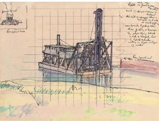 Harold Gilman - Study For Halifax Harbour, Dredger With Derrick