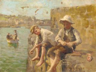 Harold Harvey - Boys fishing on a quay