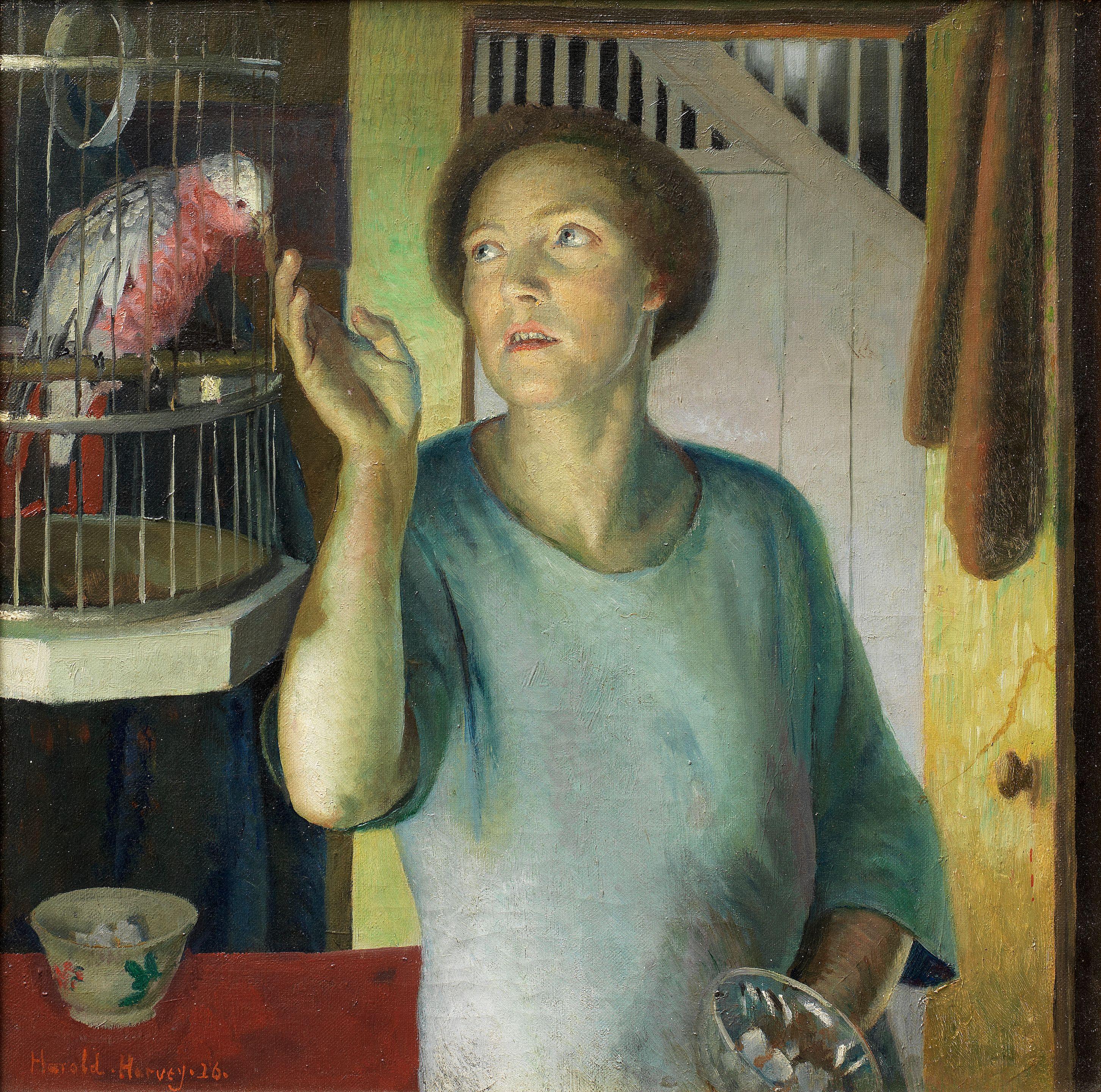 Harold Harvey - Gertrude Harvey with parrot in the artist\'s home