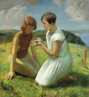 Harold Harvey - Two Young Girls With A Butterfly