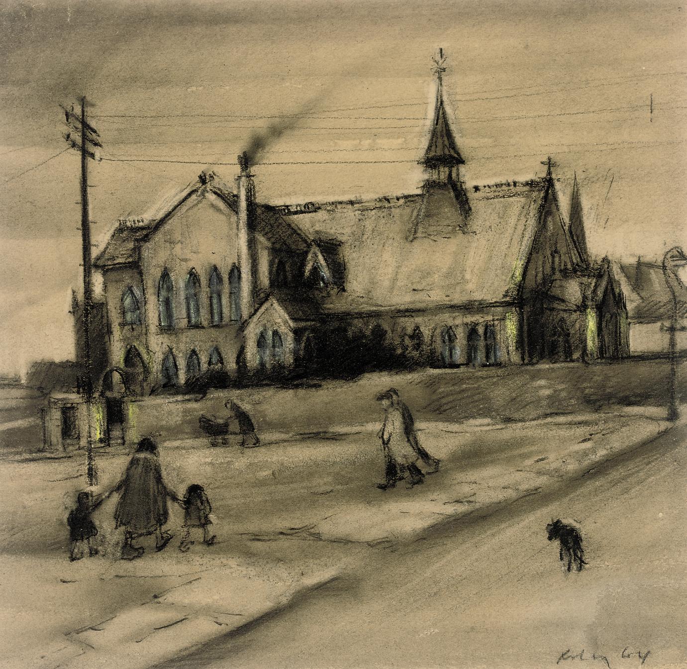 Harold Riley - Figures by the church