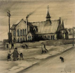 Harold Riley - Figures by the church