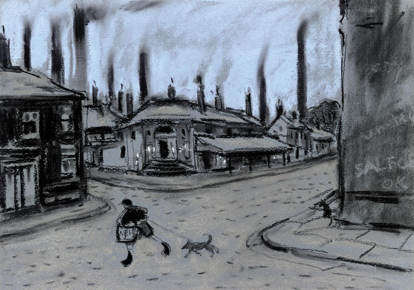 Harold Riley - School boy and his dog, Salford; and lithograph by the same hand