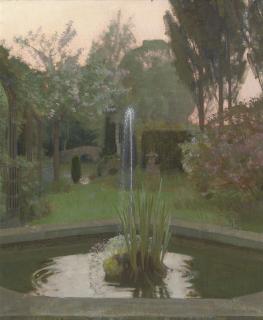 Harold Speed, R.P. - Garden pond with fountain at dusk