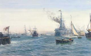 Harold Wyllie, R.S.M.A. - Panorama of Portsmouth Harbour With A Battleship Getting-Up Steam And Preparing To Leave The Quayside