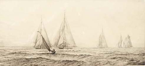 Harold Wyllie - Shamrock and Britannia leading the fleet ahead of Candida, Astra and Westward