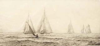 Harold Wyllie - Shamrock and Britannia leading the fleet ahead of Candida, Astra and Westward