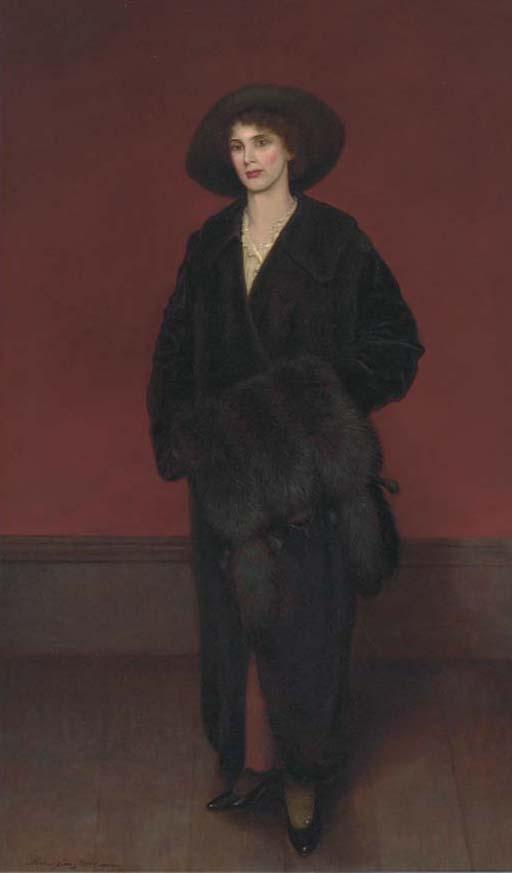 Harrington Bird - Portrait of A Lady, Full-Length, In A Black Coat And Fur Muff