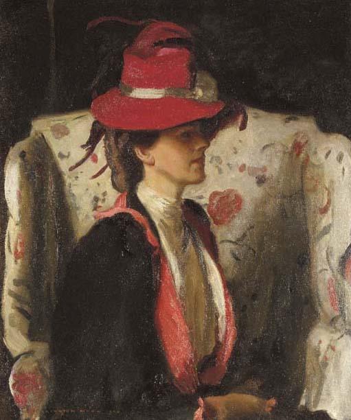 Harrington Mann - Seated lady wearing a red feathered hat