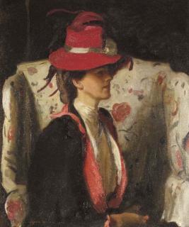 Harrington Mann - Seated lady wearing a red feathered hat