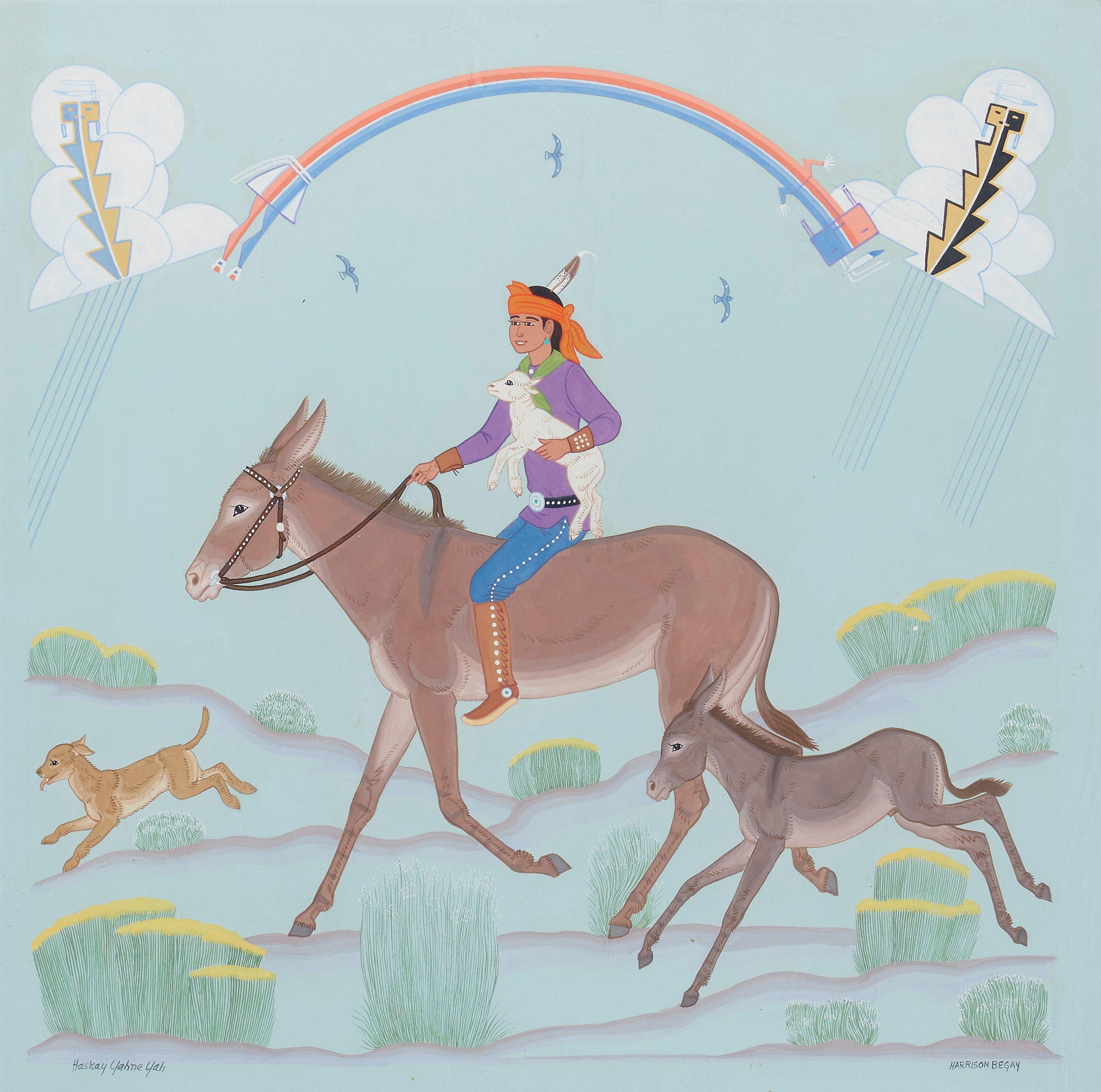 Harrison Begay - Young Shepard Bringing Back a Lost Lamb sight 16 x 16 in. framed 25 x 25 in.