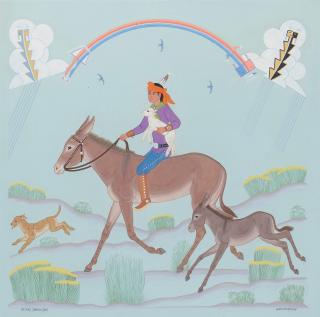 Harrison Begay - Young Shepard Bringing Back a Lost Lamb sight 16 x 16 in. framed 25 x 25 in.