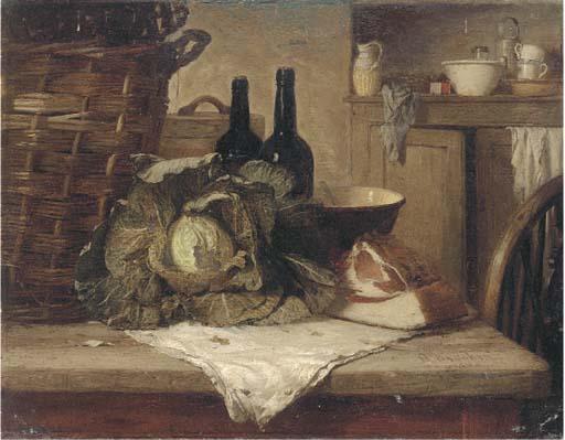 Harry Brooker - A cabbage, joint of meat, bottles and a wicker basket on a kitchen table