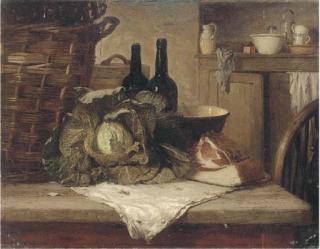 Harry Brooker - A cabbage, joint of meat, bottles and a wicker basket on a kitchen table