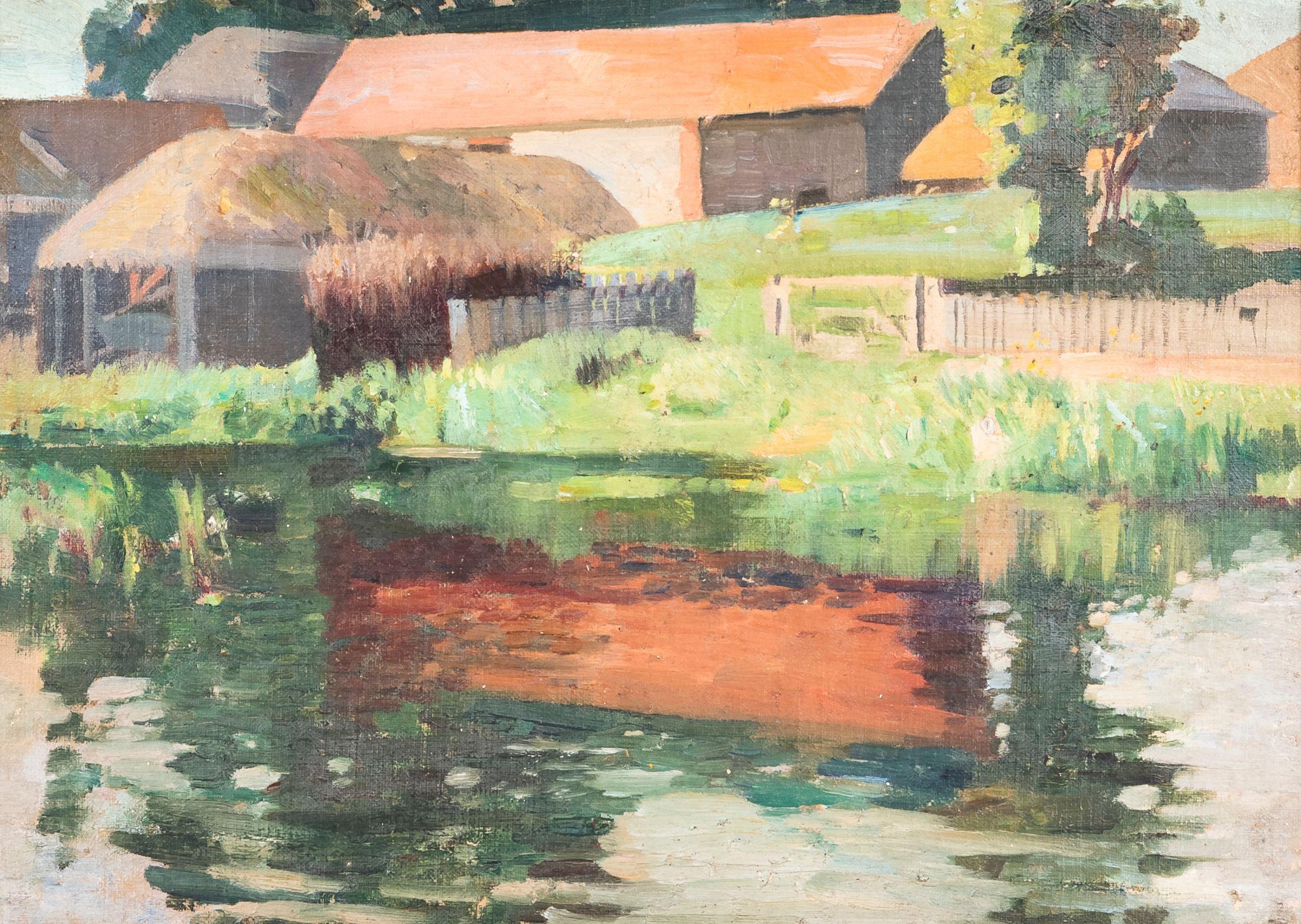 Harry Bush - Farm and Stables Unsigned, stamped \'Harry Bush, R.O.I.\' on the backing. Oil on board, framed. 10 7/8 x 14 3/4 in. (27.7 x 37.6 cm)