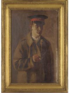 Harry Bush - Self portrait, three-quarter-length, in uniform, smoking a cigarette