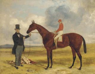 Harry Hall - A Trainer Holding A Bay Racehorse, Jockey Up, At Newmarket