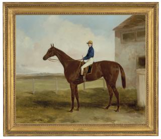 Harry Hall - Dacia, winner of the Cambridgeshire, 1848, with George Brown up before a stable