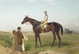 Harry Hall - Fisherman with jockey up attended by a groom on a race course