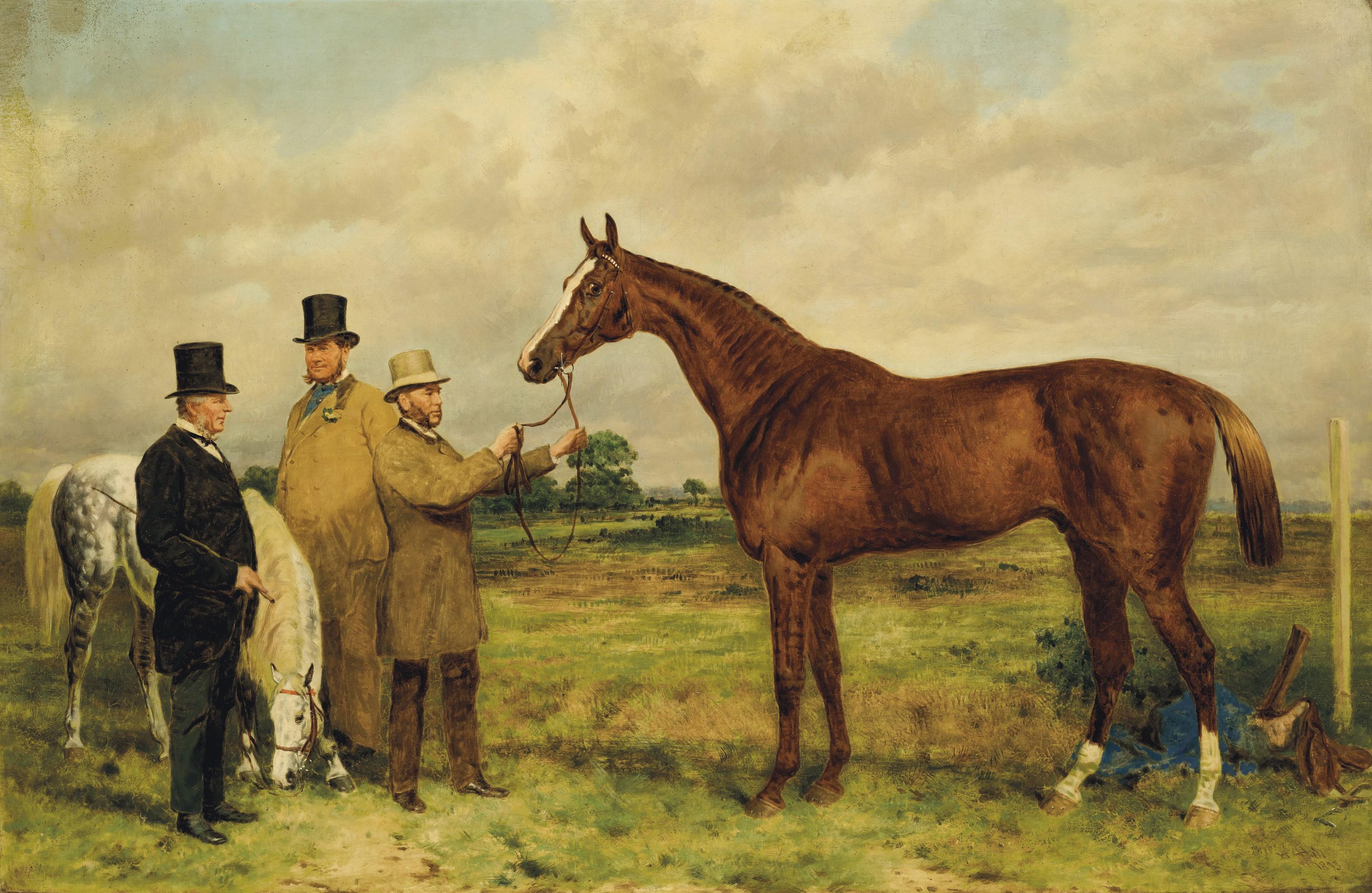 Harry Hall - \'Prince Charlie,\' Winner Of The Two Thousand Guineas, With Portraits Of Mr. H. Jones, Owner, And Mr. Joseph Dawson, Trainer