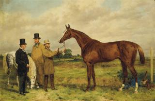 Harry Hall - \'Prince Charlie,\' Winner Of The Two Thousand Guineas, With Portraits Of Mr. H. Jones, Owner, And Mr. Joseph Dawson, Trainer
