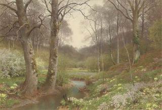 Harry Sutton Palmer, R.I. - Primroses And Other Spring Flowers On The Riverbank