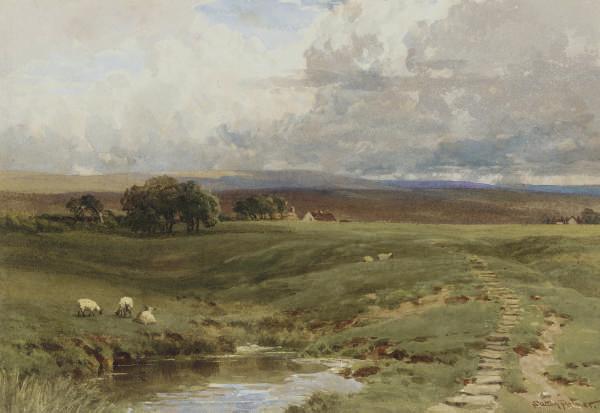 Harry Sutton Palmer, R.I. - Sheep grazing below the moors