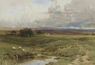 Harry Sutton Palmer, R.I. - Sheep grazing below the moors